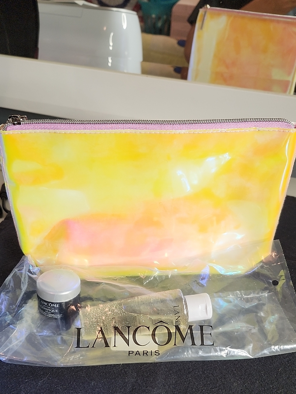Lancome Yellow and Pink Iridescent Cosmetic Makeup Pouch w/Eye Cream